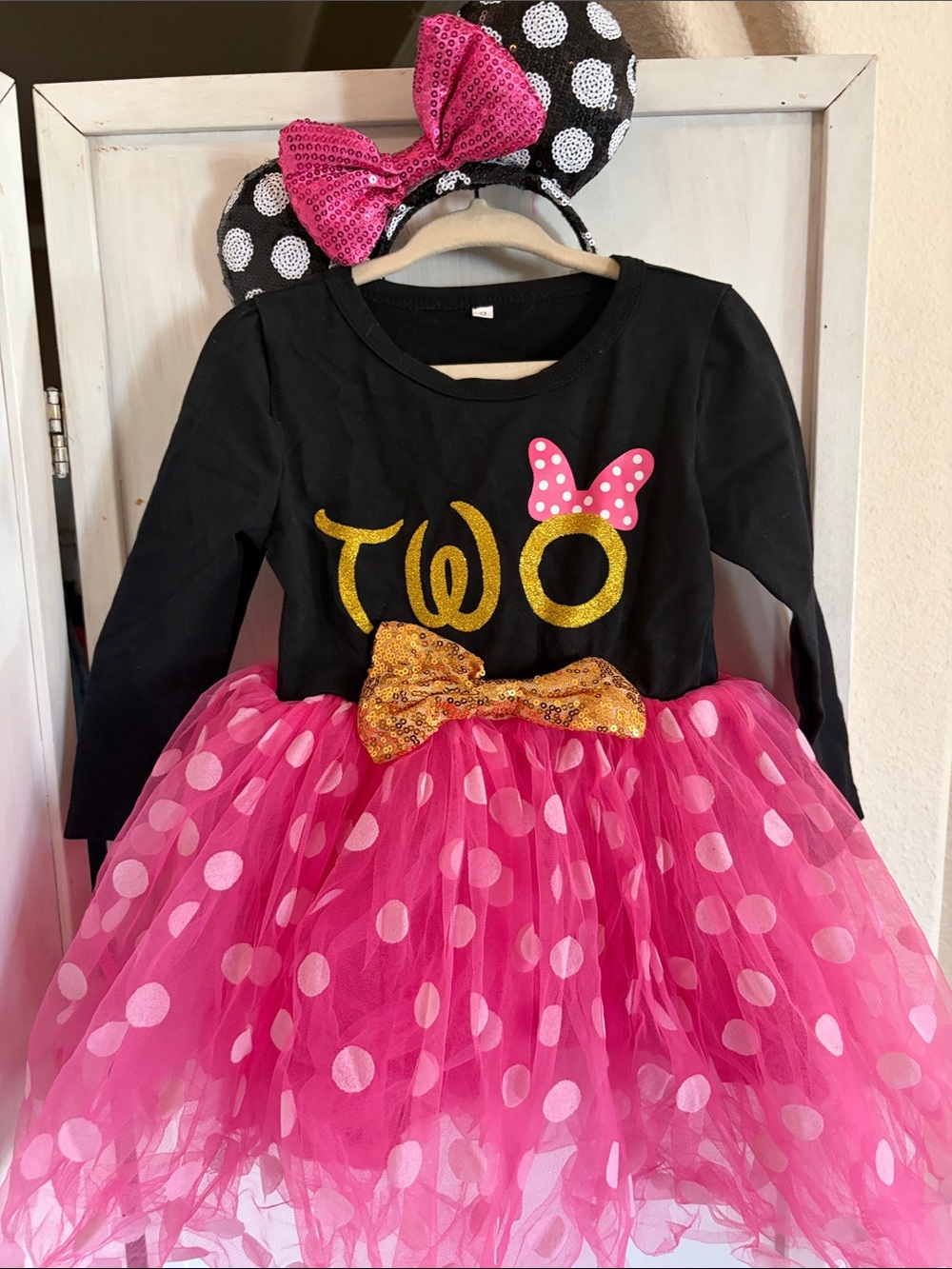 Girls' Pink Polka Dot Tutu Minnie Two 2nd birthday Dress with Minnie Headband